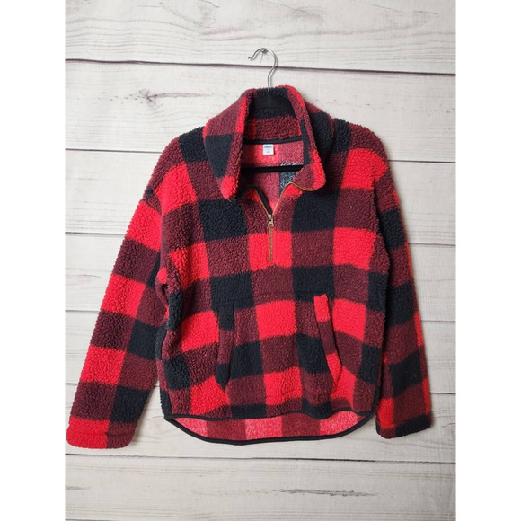 Old Navy Womens Pullover Jacket Red Black Buffalo Plaid 1/4 Zip Pockets Collar S - Picture 1 of 6